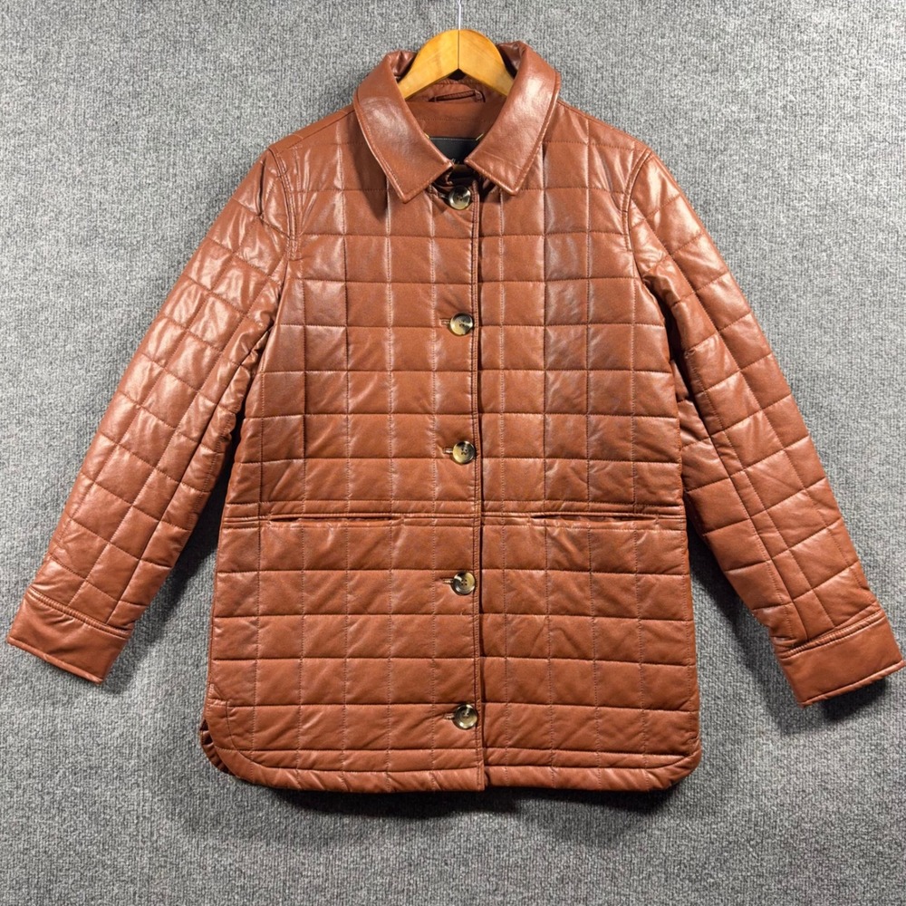 Sam Edelman Faux Leather Box Quilt Shacket Womens Medium‎ in Cognac Brown